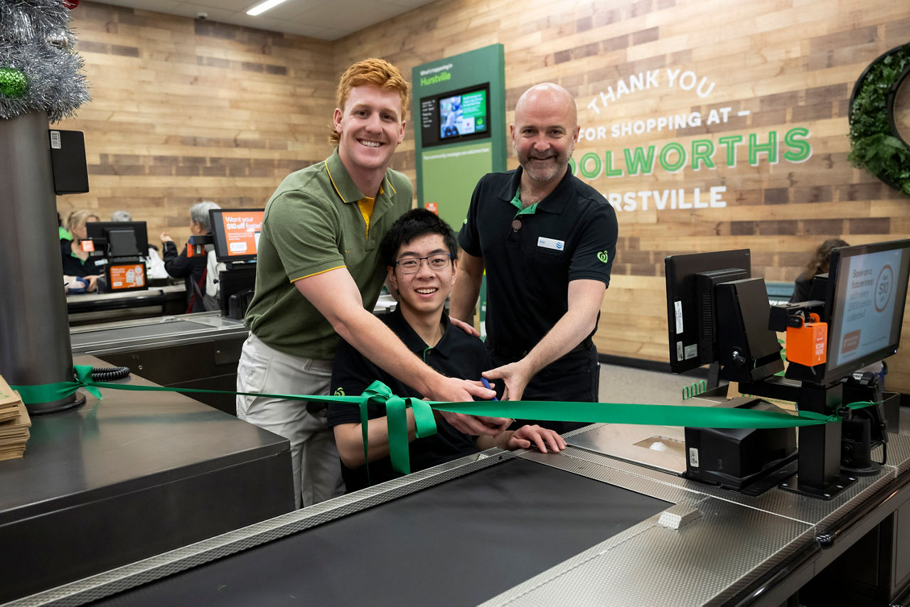 Cutting of the ribbon at Woolworths accessible checkouts in Hurstville