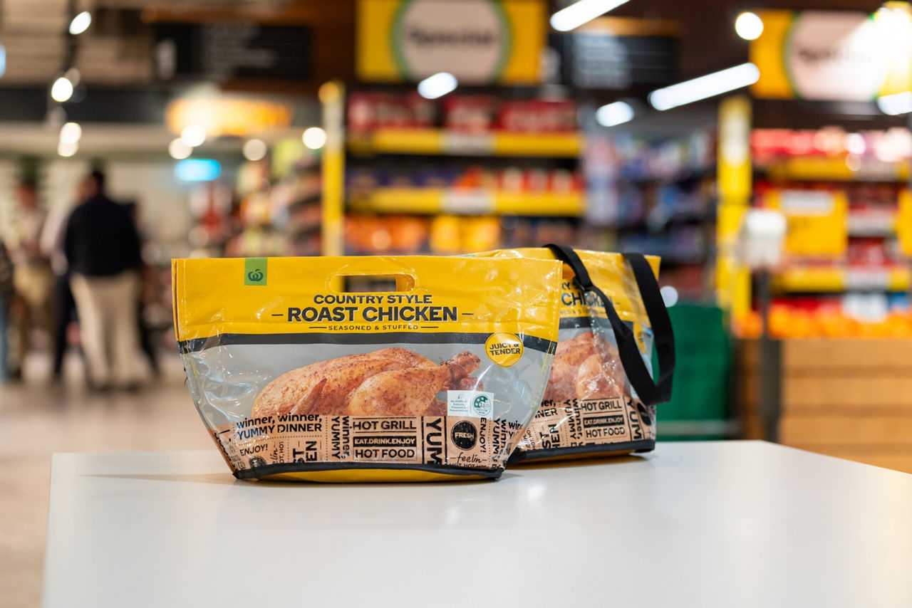 Hot Roast Chicken Bag on a bench