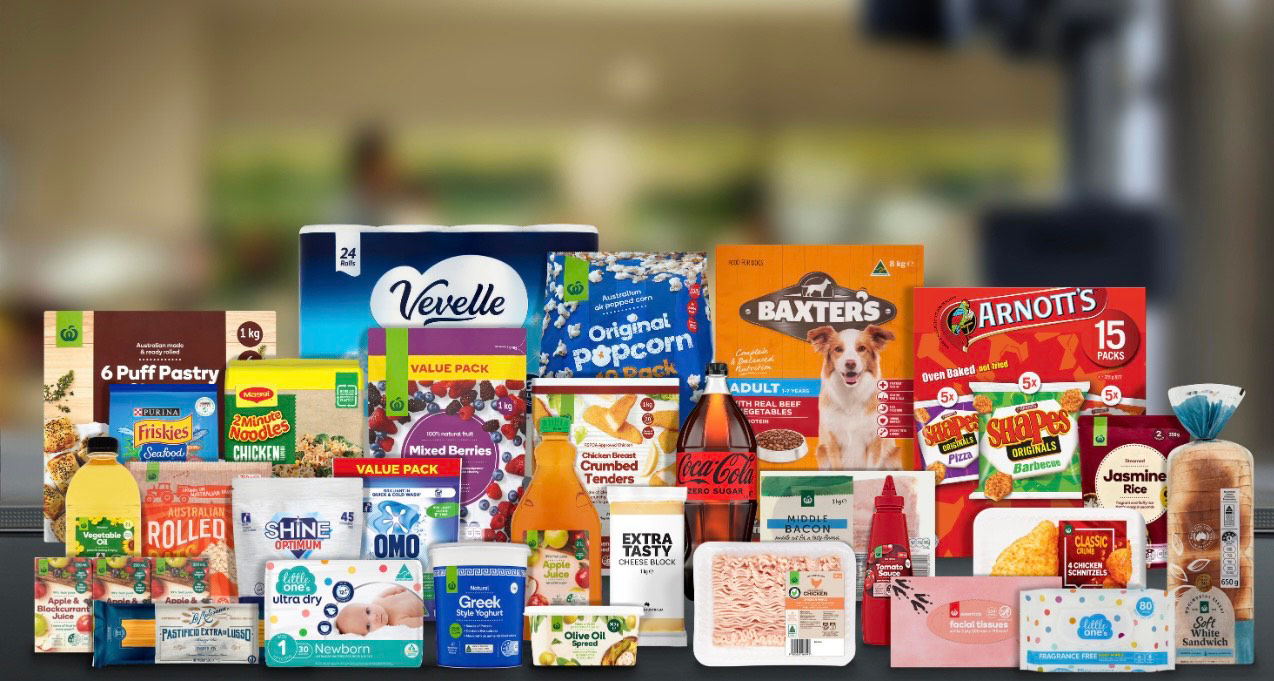 Selection of groceries on conveyor belt