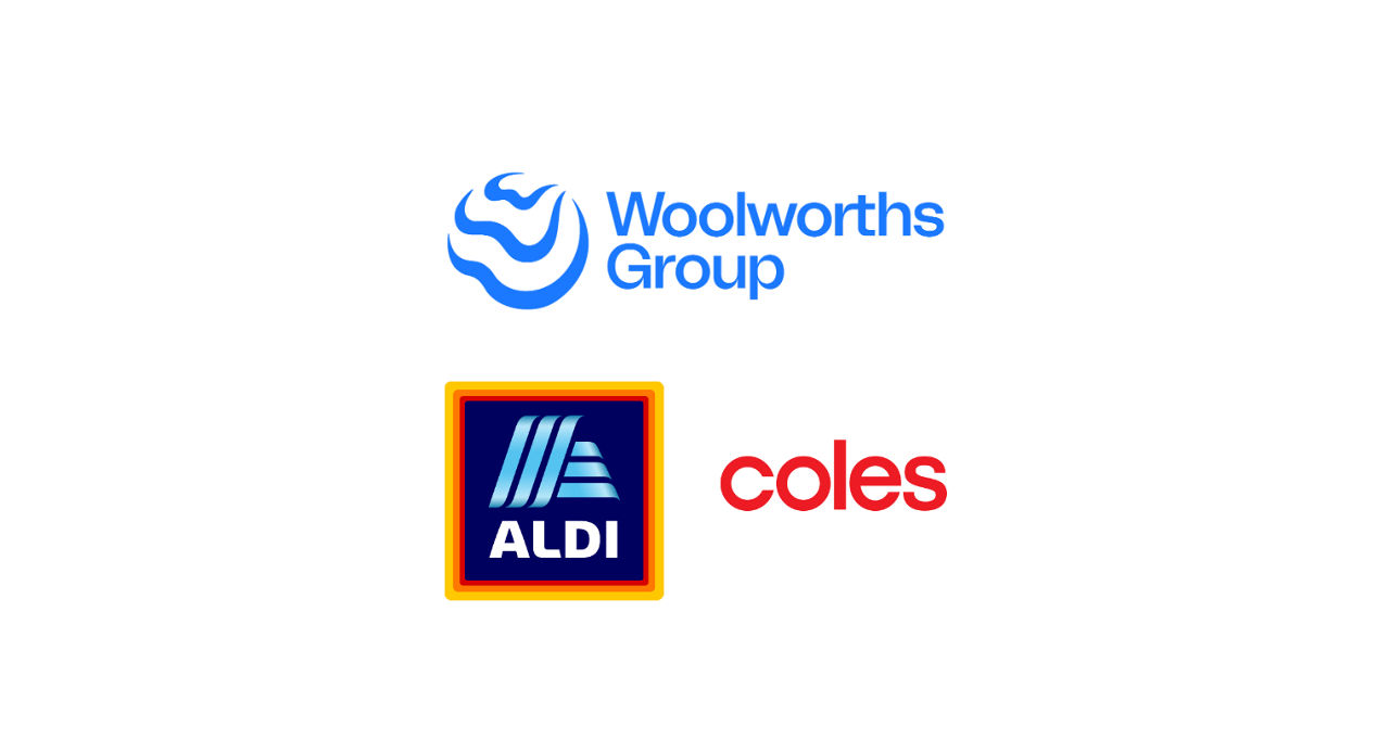 Logos from Woolworths, Coles and Aldi